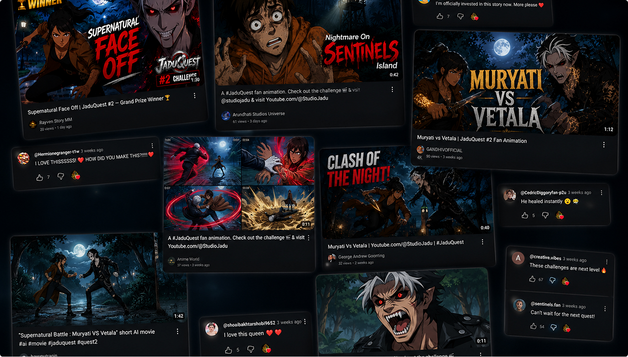 Collage of JaduQuest fan animations and viewer comments: Supernatural Face Off, Nightmare on Sentinels Island, Muryati vs Vetala and Clash of the Night