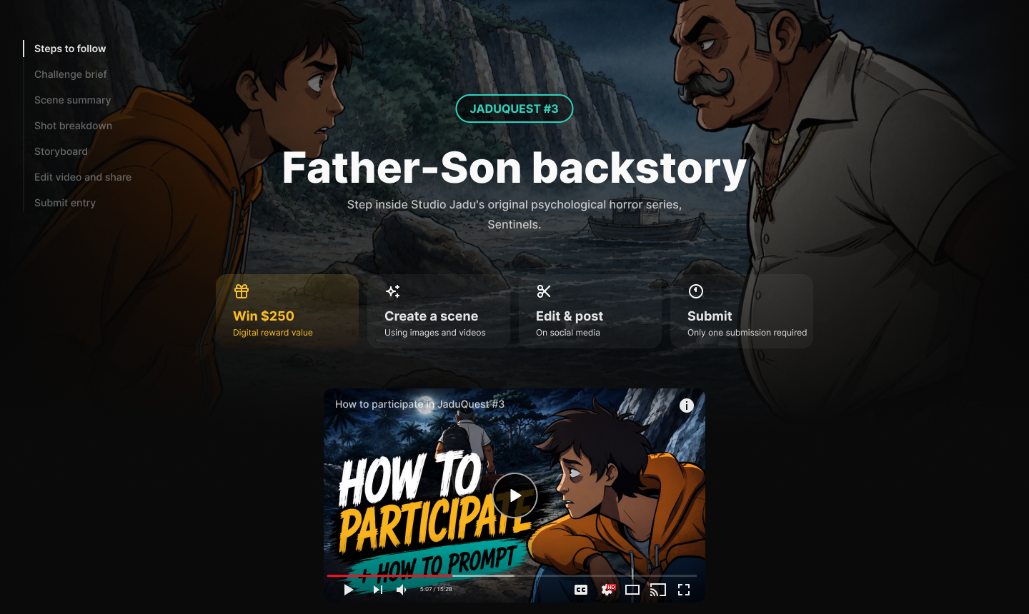 The JaduQuest #3 “Father-Son backstory” brief for Studio Jadu’s horror series Sentinels: a boy and his father on a moonlit cliffside, with Win $250, Create a scene, Edit & post and Submit steps above a How to participate video.