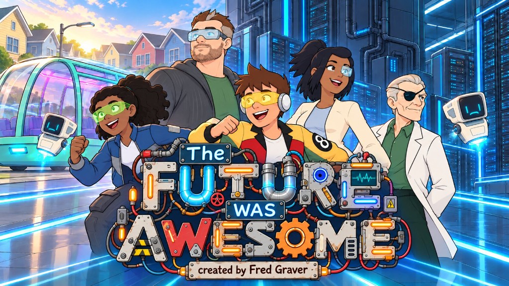 The Future Was Awesome poster: a cheerful family in goggles and lab coats poses between a suburban street and a glowing server hall, with a steampunk pipe logo