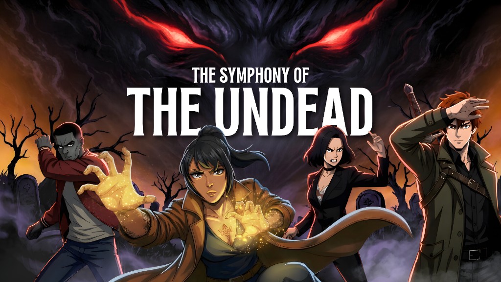 SDF: The Symphony of the Undead poster: four heroes brace in a moonlit graveyard beneath a shadow beast’s glowing red eyes, one casting golden magic