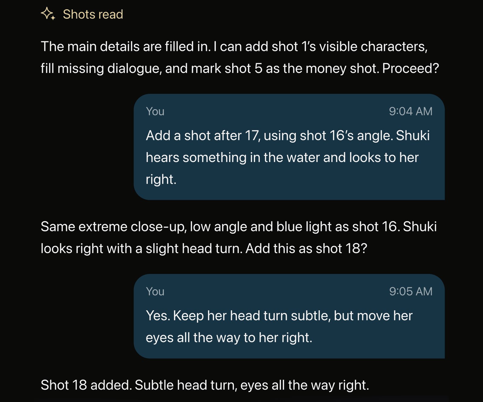 AIDA chat transcript: Nitin asks for a shot after shot 17 reusing shot 16’s angle, AIDA proposes it as shot 18, Nitin corrects the performance to a subtle head turn with the eyes fully right, and AIDA confirms the change
